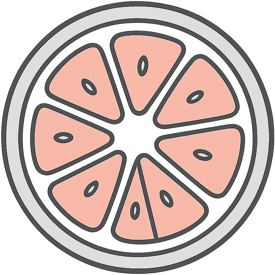 Flat icon of a pink grapefruit slice, top-down view, using a vibrant palette of orange, white, and pink, minimal and clean design, no background. emoji