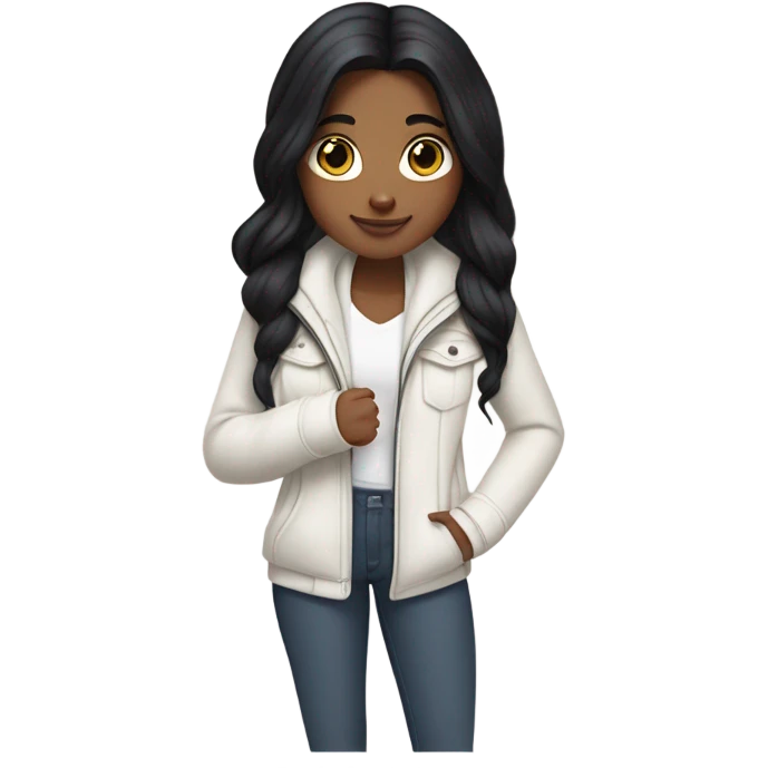 girl with long black hair, white lululemon define jacket, and a birken in her hands emoji