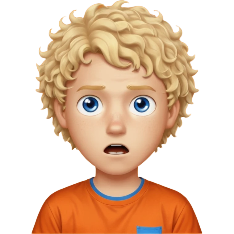 teenage boy with curly blond hair and blue eyes with freckles wearing an orange “Camp Halfblood” tshirt with the official percy jackson camp halfblood logo on it have hime doing a shocked face emoji