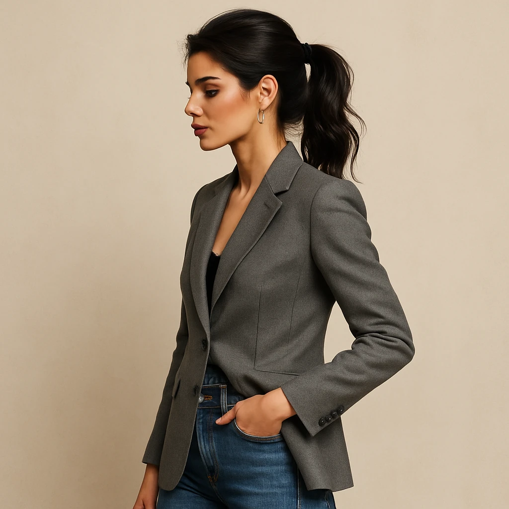 Change the outfit to a fashionable blazer and jeans in photorealistic style with a neutral background. emoji