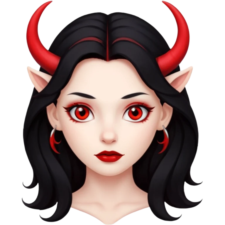 лицо девушки с скулами, с красной кожей, длинные черные волосы, небольшие красные рожки и красные глаза emoji