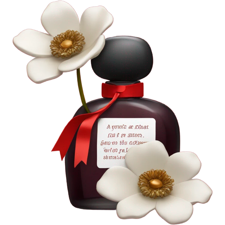 Dark red romantic perfume bottle with red anemones and a silk red ribbon emoji