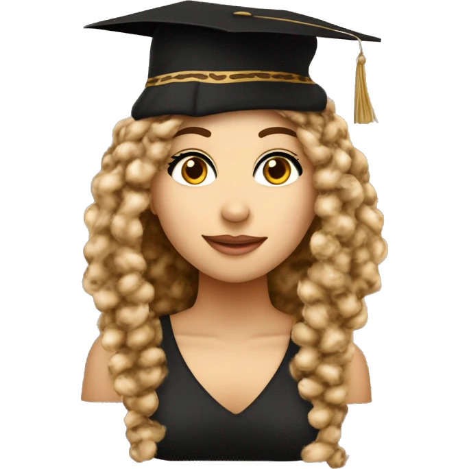 Ragazza con capelli ricci castano chiaro, occhi castani, vestita elegante con questo cappello 🎓, ed un leopardo vicino emoji