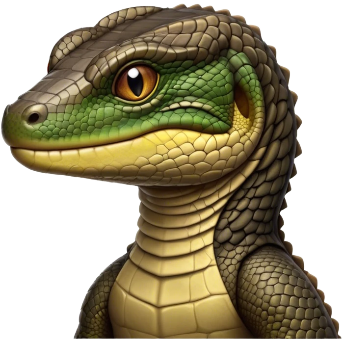 Cinematic Realistic Noble Monitor Lizard Portrait Emoji, Poised and imposing, with a robust, muscular build and a rugged, intricately scaled hide in natural olive and dark brown tones, a sharply defined head with intense, observant eyes, rendered with lifelike detail and authentic texture, high shine, intelligent and formidable, styled with an air of desert authority, focused and attentive, soft glowing outline, capturing the essence of a watchful and confident monitor lizard that appears ready to stride out of the screen with effortless power! emoji