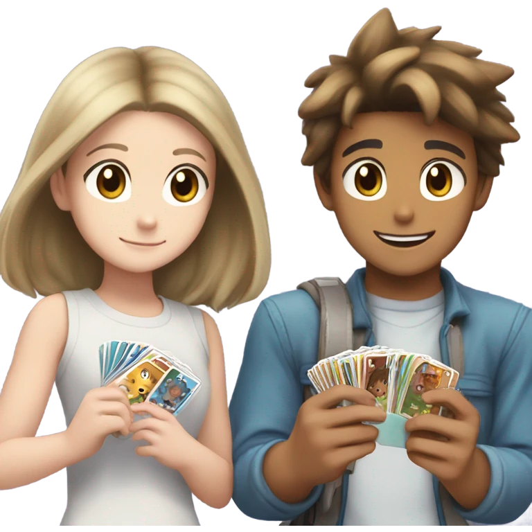white brown haired boy and white brown haired girl open pokemon cards together emoji