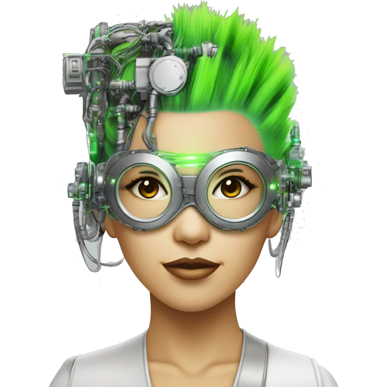 Neon green Mohawk hair Asian female cyborg head with silver steampunk goggles and circuits emoji