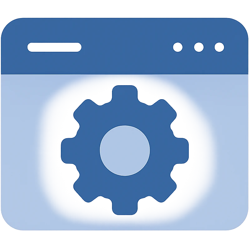 Refine the settings-in-browser icon by removing any black or dark background around the gear. Show only a simple blue browser window with a blue gear in the center, using almost exclusively blue shades. The style is flat modern with clean and simple lines, prioritizing clarity and minimal use of other colors. The background is fully transparent. emoji