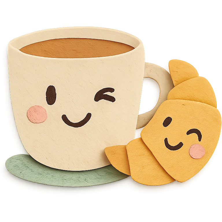 coffee cup with croissant character, winking, soft pastel hand-drawn style, transparent background emoji