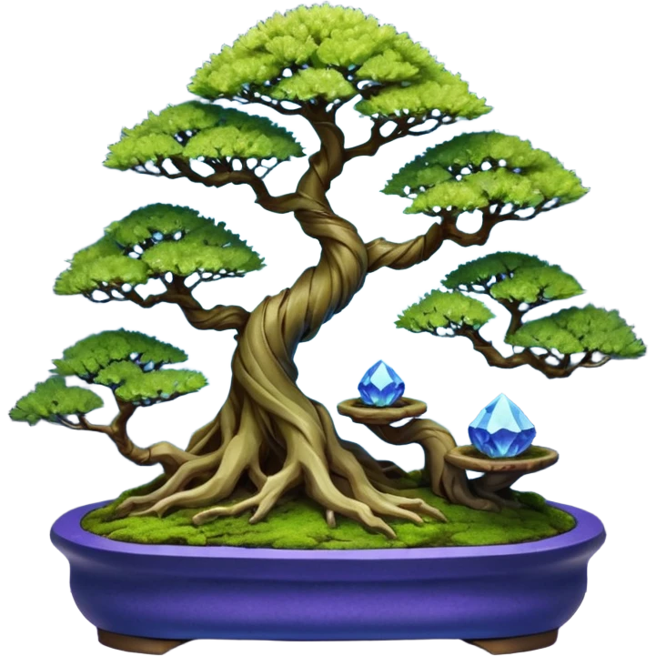 Futuristic wild glowing space alien moss maples shohin Bonsai hair-pine-leaf group multi faceted intricate crystalline inspired boxwood purple blue informal rocky cliffhanger eight trees forest planting in shallow willow slab style pot with big animal-like feet  emoji