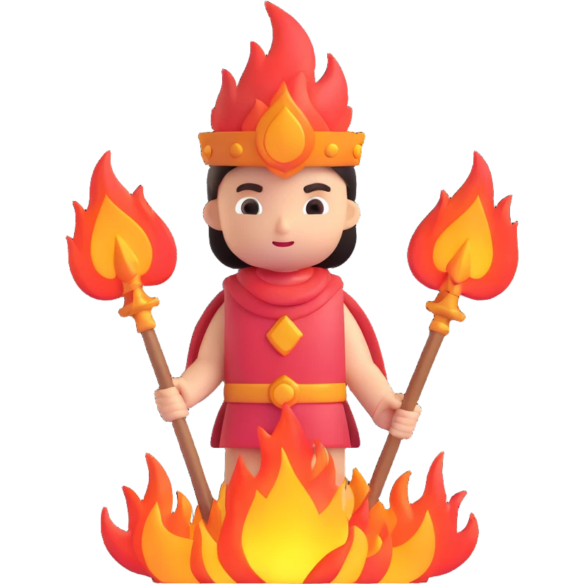 stylized figure in motion, holding a trident or blade, surrounded by fire, representing action and mythology, inspired by Hades emoji