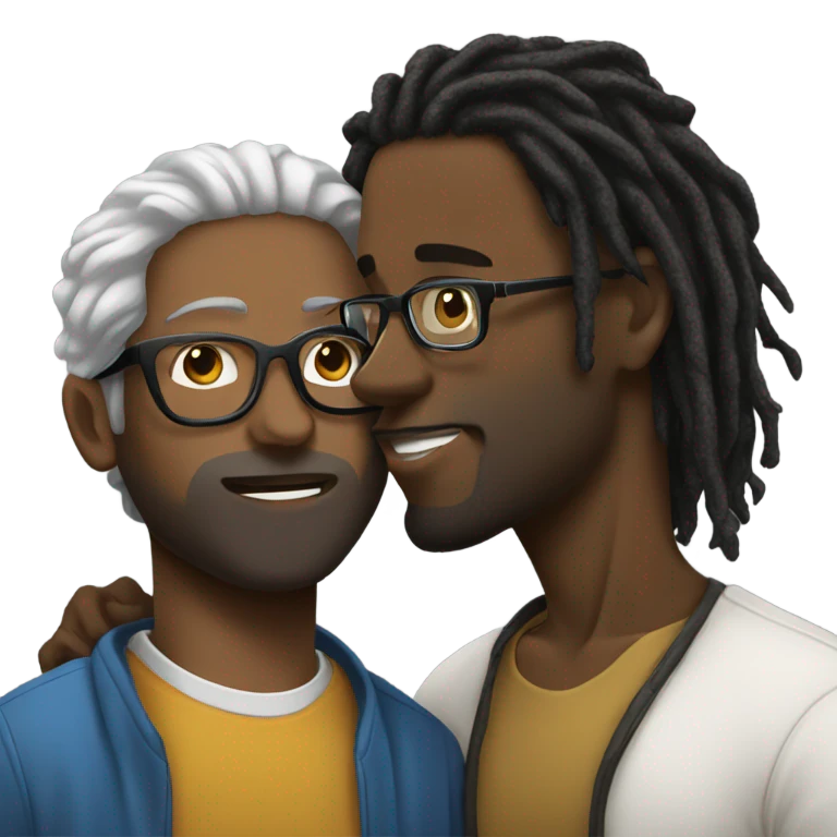 Black guy with dreads kissing white guy with glasses emoji