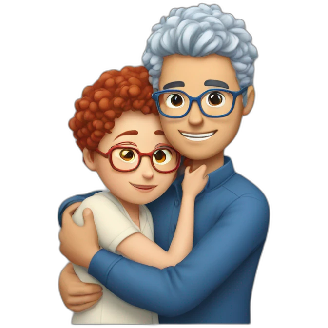 a girl with red curly hair and blue glasses hugging a boy with gray hair emoji