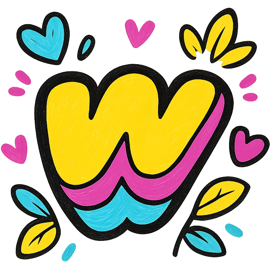 colorful, plump Wattpad logo 'w' with bold outline, expressive shadows, glossy highlights, decorated with bright leaves and hearts around the logo, juicy vibrant style emoji
