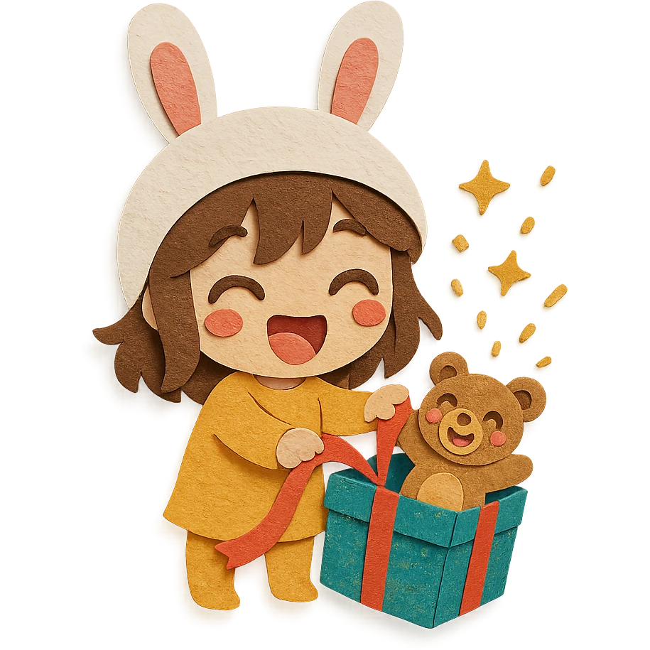 laughing chibi cute girl with a bunny hat, unwrapping a magical glitter gift box with a small laughing teddy bear inside, full body, clean and polished, no imperfections, paper-craft style emoji