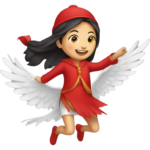 Asian girl flying on cardinal bird  emoji