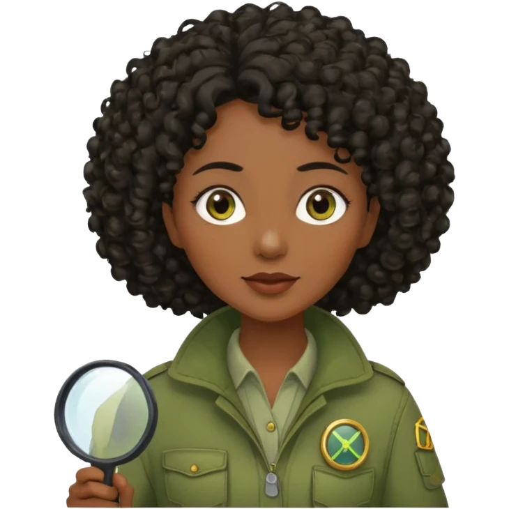 dark skin curly black haired middle-aged woman in moss green explorer outfit, holding magnifying glass emoji