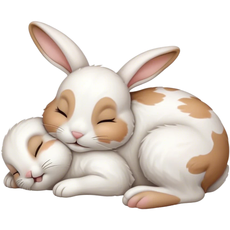 Meme-Worthy Cute Sleeping White and Brown Rabbit Portrait Emoji, Head resting peacefully with a contented smile, showcasing a delightfully balanced build and a luxuriously soft patterned fur of white and brown, eyes shut in a serene nap, Simplified yet hilariously adorable features, highly detailed, glowing with a soft, drowsy light, high shine, relaxed and utterly lovable, stylized with an air of playful laziness, bright and heartwarming, soft glowing outline, capturing the essence of a comically sleepy bunny, so meme-worthy it feels like it could instantly become the next viral sensation of adorable slumber! emoji
