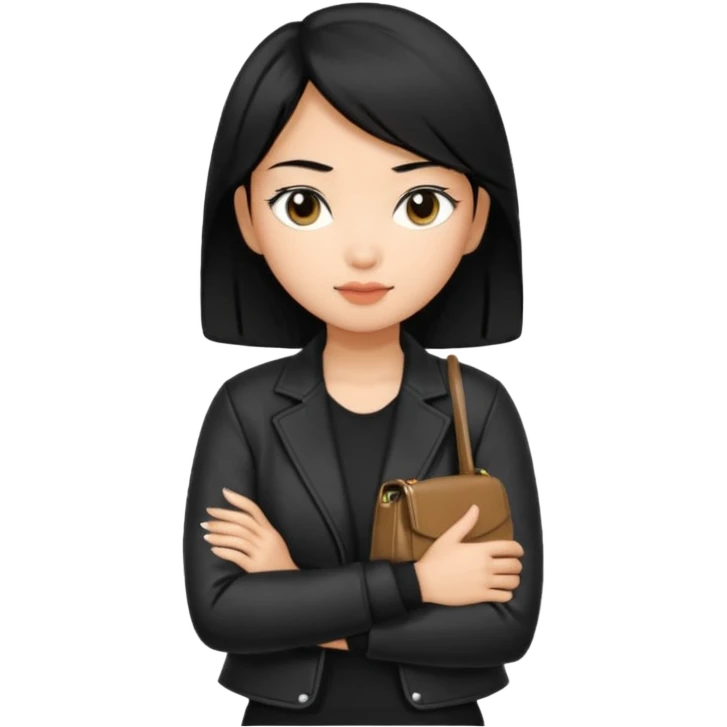 A girl with a pony tail black hair and Asian tan skin, Asian eyes, with a black jacket and a black purse with arms crossed  emoji