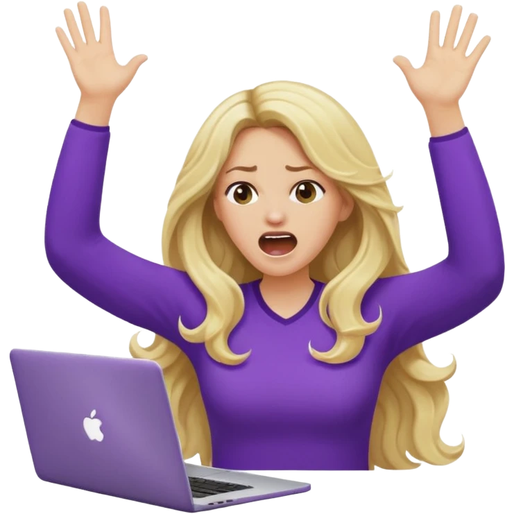 lady with long blonde wavy hair, purple top throwing her with a laptop hands in the air screaming emoji