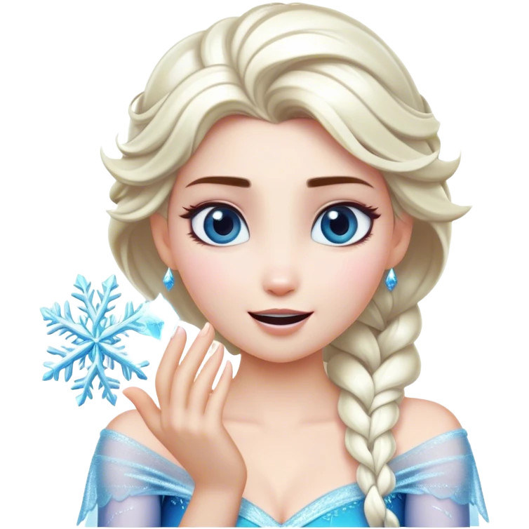 Cinematic Playful Elsa Portrait Emoji, Blowing frost from her hands in a dazzling display, eyes filled with mischief, exuding a magical charm that is both fun and enchanting! emoji