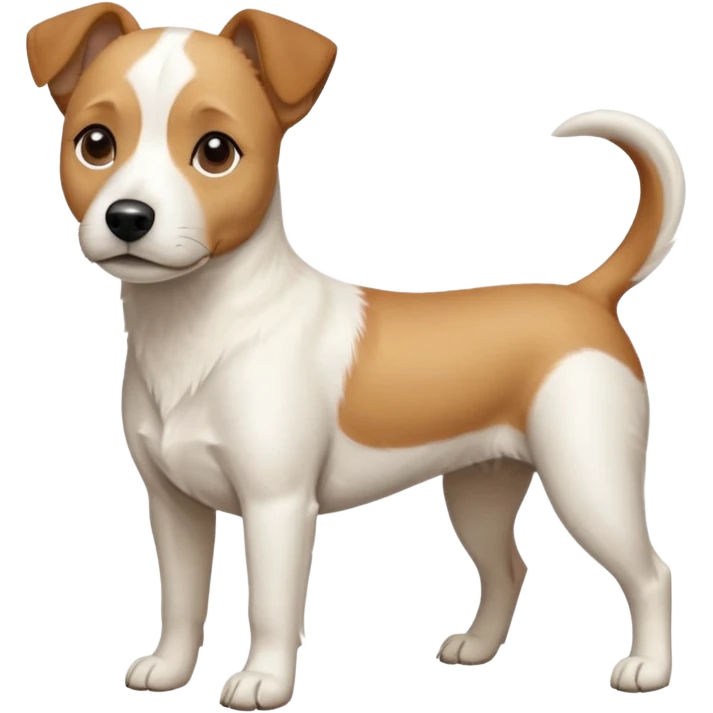 a full body facing front on of a buff white beagle cross jack russell terrier looking dog the size of a kelpie with light brown long ears resting on its face and a light brown patch above one eye and a large snout. the rest of the dog is completely white.  emoji