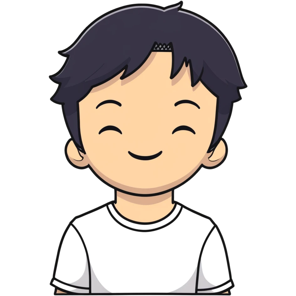 white boy smiling with right hand behind head, black hair, closed eyes emoji