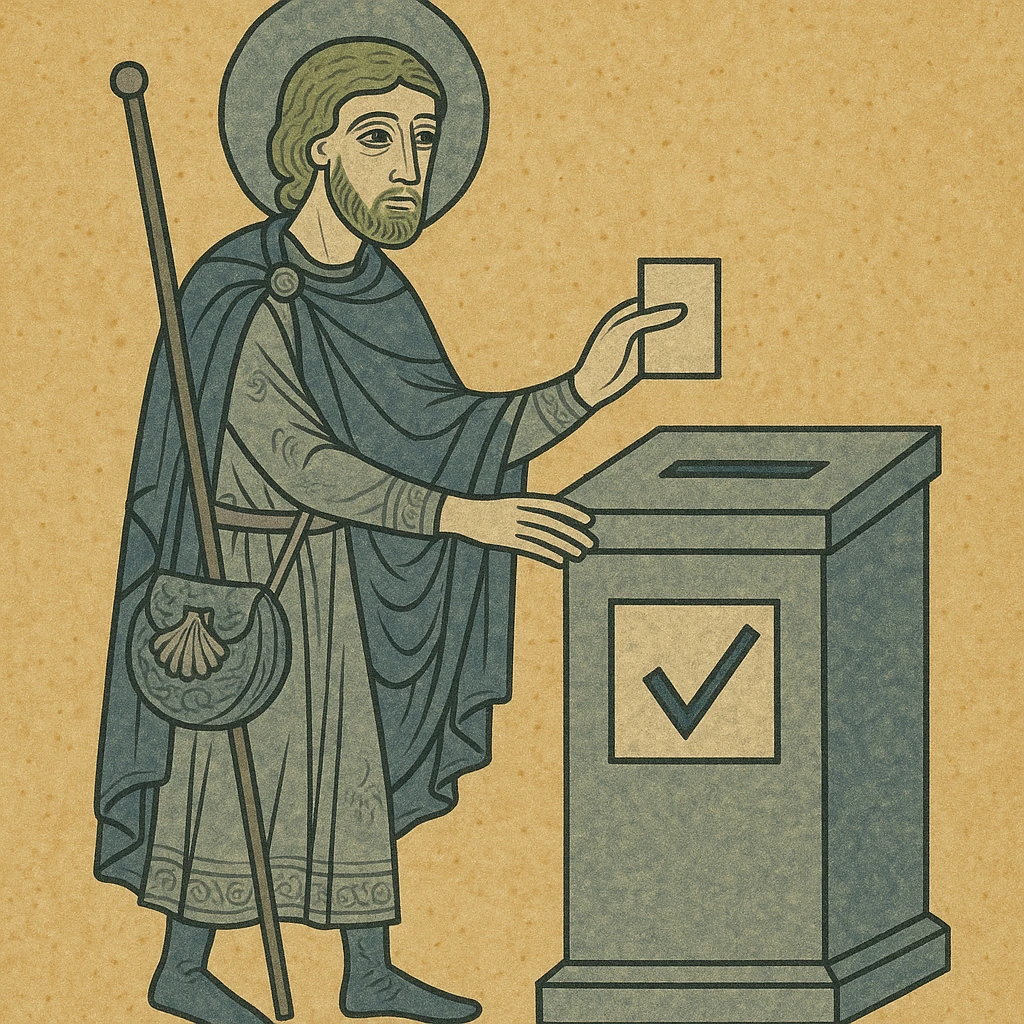 medieval pilgrim at a voting booth, stylized illustration emoji
