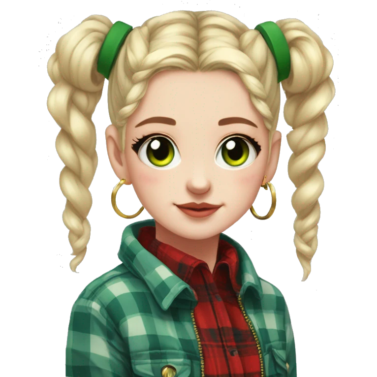  Pale girl, blue eyes, green hair, space buns hairstyle, wearing a red flannel, gold hoop earrings, thick wing eyeliner emoji