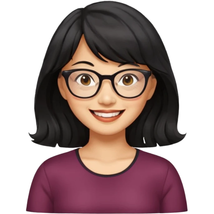 40 yr old asian woman wavy black hair bangs big glasses big smile tanned skin brown eyes emoji