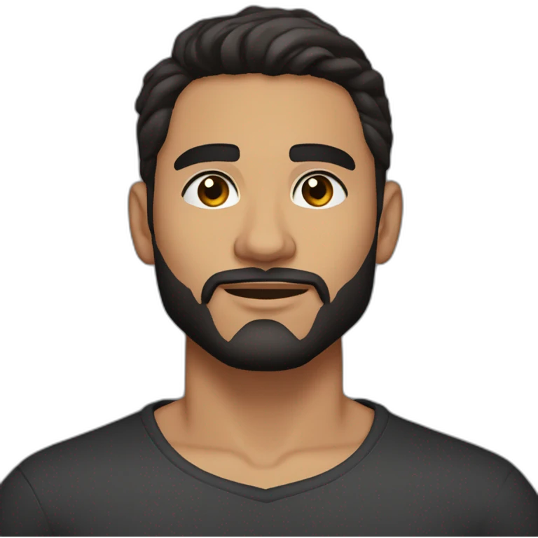 25 year old Hispanic man with a beard and thick eyebrows light skin, black shirt and side fades and a comb over with very dark brown eyes emoji