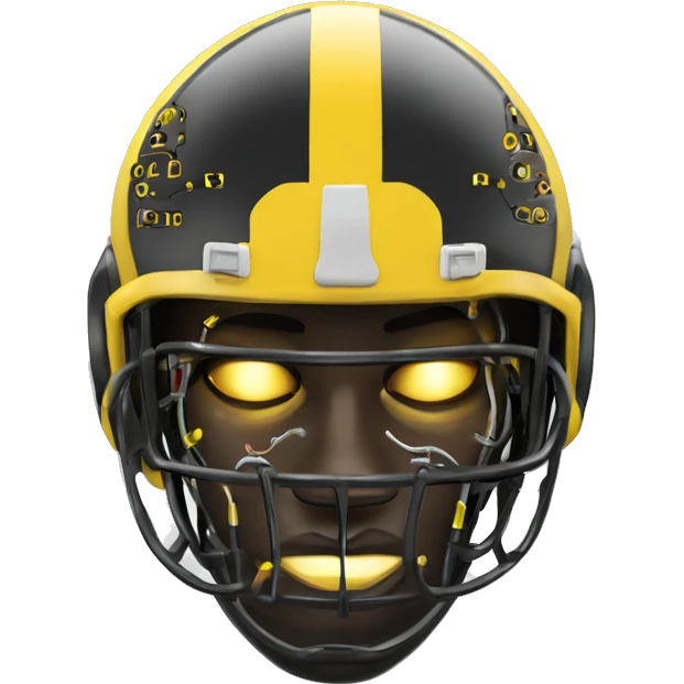 Black and yellow cyborg head with football helmet and circuits emoji
