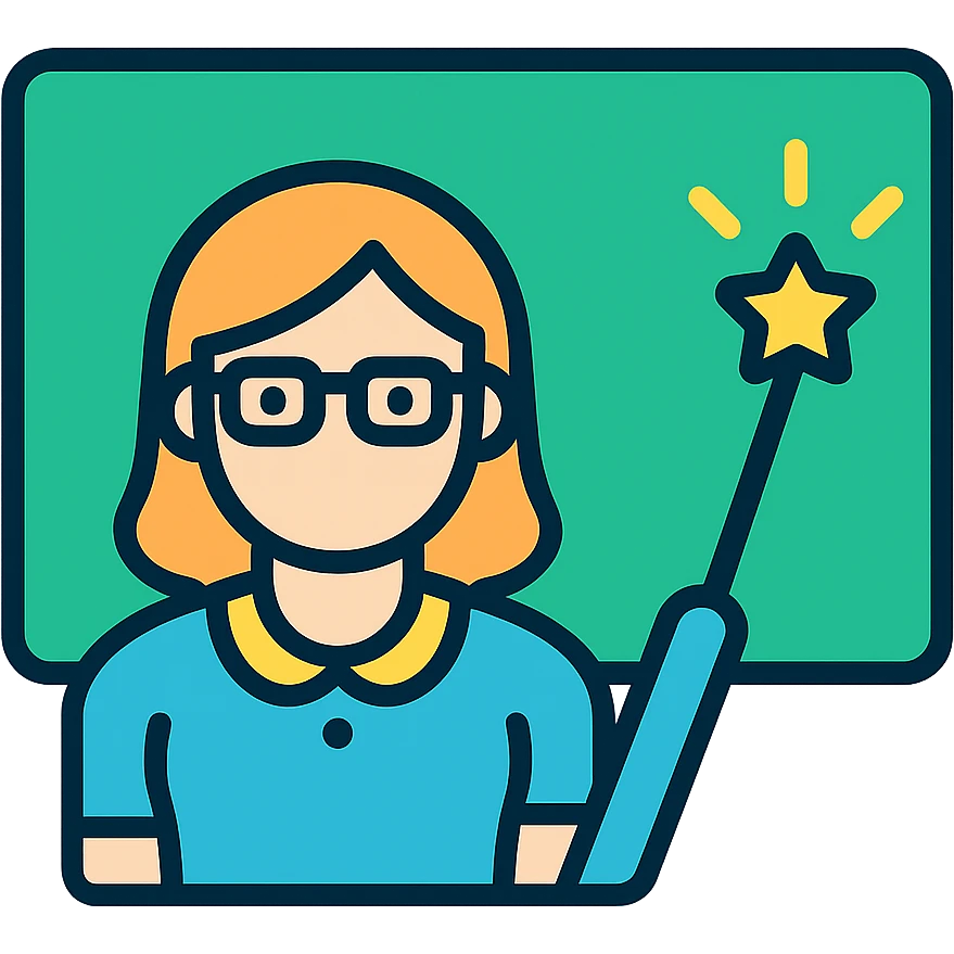 Convert this female teacher in front of a chalkboard with a glowing magic stick icon to a color version, using a clean, educational palette and no background. emoji