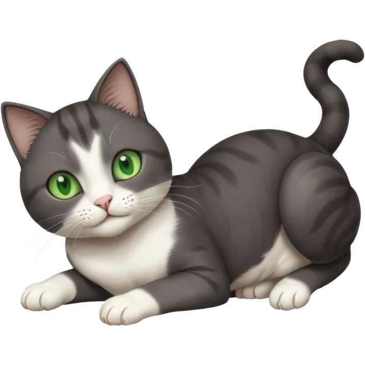 beautiful female solid dark grey cat with green eyes, white toes/paws and white patch on her chest playfully rolling upside down emoji