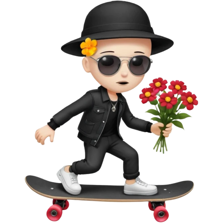 ["A sad boy with pale skin, bald, wearing a sunhat and sunglasses, dressed in goth fashion, is skateboarding while holding a flower bouquet."] emoji