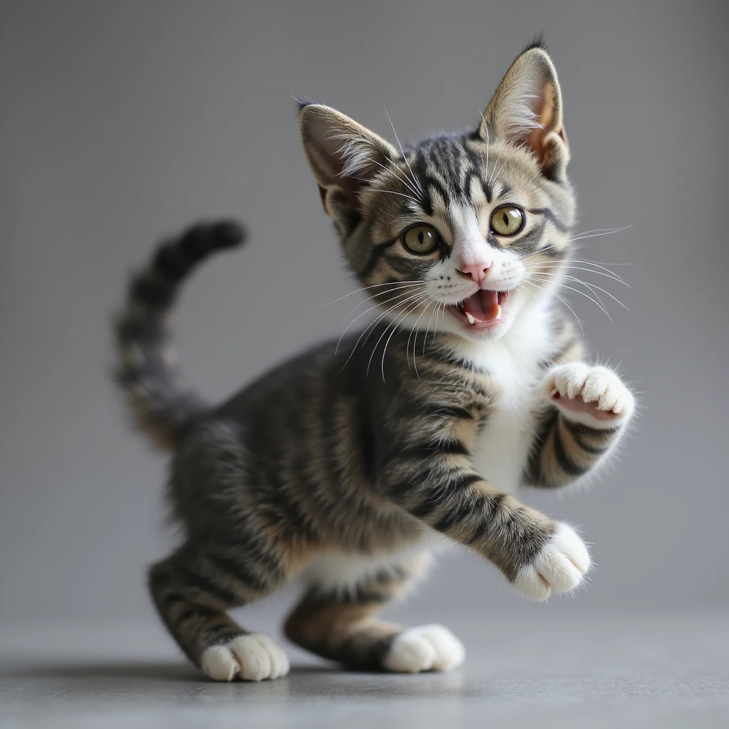 a realistic playful cat, white nose and underbelly, gray fur, tail curled, photorealistic style emoji