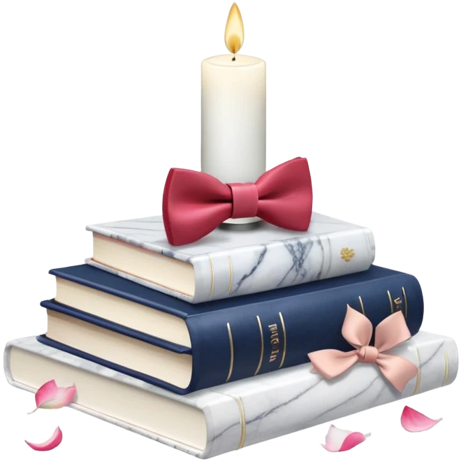 Aesthetic candles, flower petals, bow tie, books, marble stand emoji