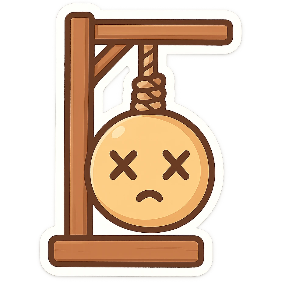 cartoon emoji with X-shaped eyes hanging on a gallows, no text emoji