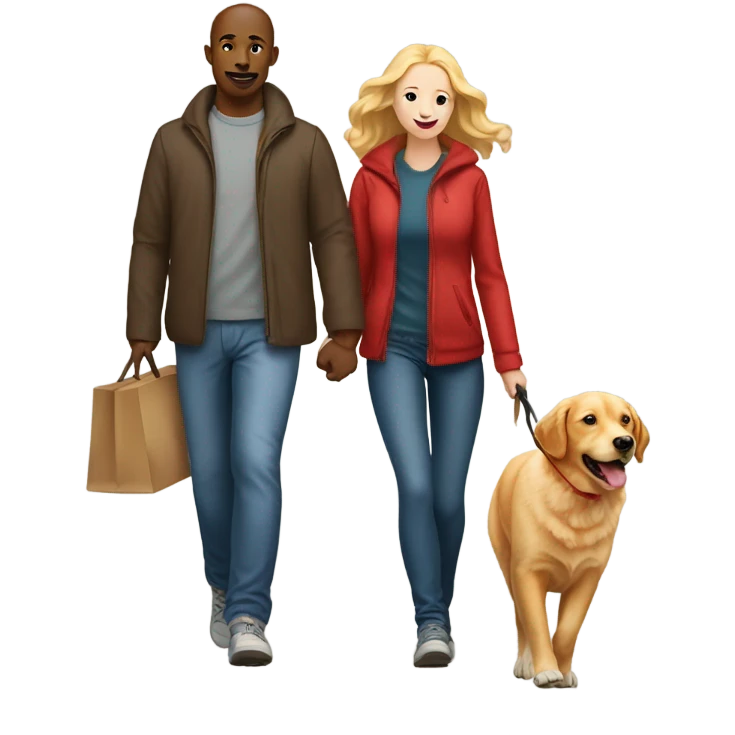 man walking fox red Labrador and woman walking English cream retriever emoji