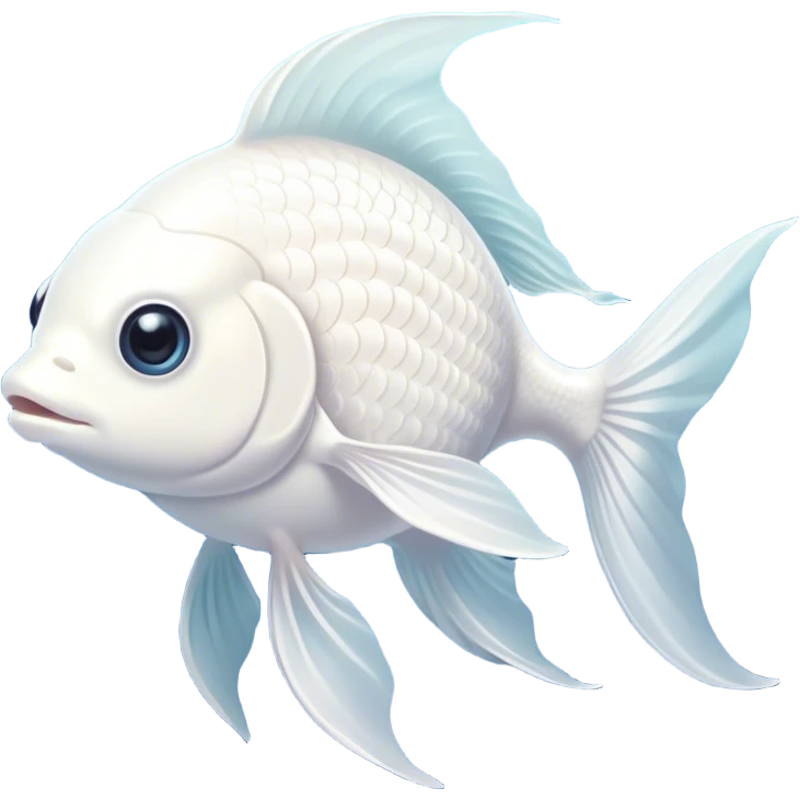 Cinematic Noble White Goldfish Portrait Emoji, Poised and regal, with a sleek, streamlined build and a luminous, pure white body, deep-set soulful pale eyes, Simplified yet sharp and sophisticated features, highly detailed, glowing with a soft, dignified glow, high shine, intelligent and graceful, stylized with an air of aquatic purity, focused and attentive, soft glowing outline, capturing the essence of a watchful and confident aquatic companion, so majestic it feels as though it could glide out of the screen with effortless authority! emoji