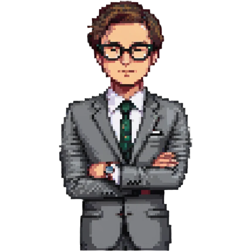 front-facing pixel art businessman, waist up, sharp suit, hand under chin, gazing slightly to the side, wearing stylish glasses, luxury watch visible, expression of curiosity or contemplation, clean background emoji