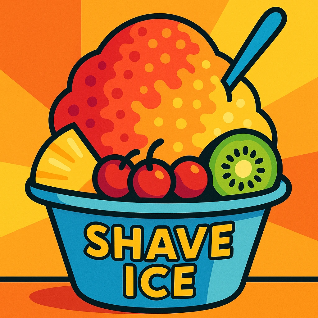 shave ice with fruit toppings, bright and cheerful emoji