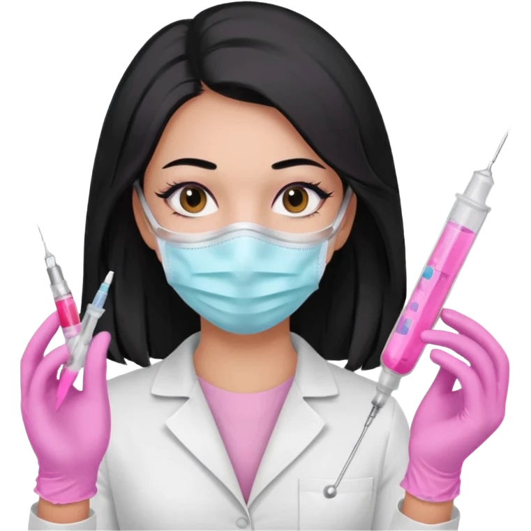 laboratorista con guantes rosa pastel y mascarilla rosa pastel jeringa tubo laboratorio sin lentes pelo lacio negro y largo emoji