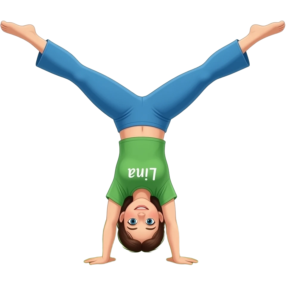 turnerin turnt mit einer airroll in einem Garten mit blumen und grünem gras, die turnerin hat eine blaue lange turnhose und ein grünes turn t-shirt an sie macht einen geraden handstand die wiese ist ganz grün auf dem t-shirt steht Lina emoji