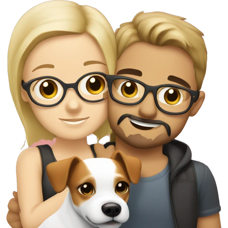 blonde girl without glasses and a white boy with glasses, a little Beard and moustache, both cuddling a jack Russell emoji