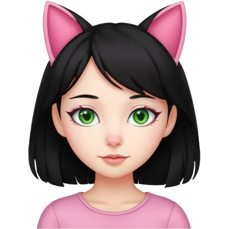 charming girl, black hair, green eyes, pink cat ears emoji