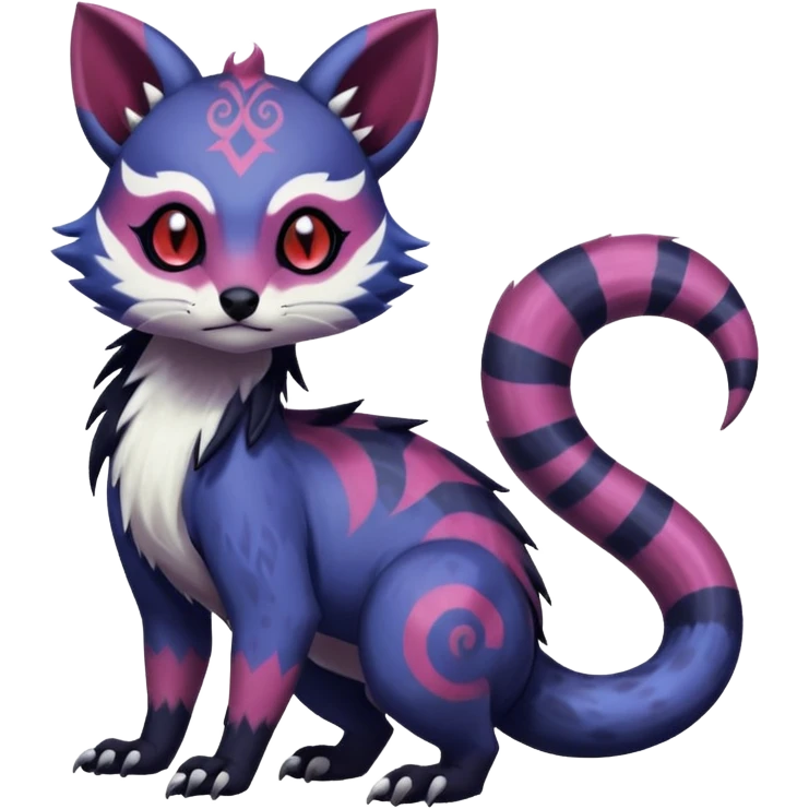 Rare warm-colored exotic gloomy tropical edgy cute epic aesthetic spooky indigo purple white black red gothic colorful Salandit-Furret-Espurr-Meowstic-Civet-species-Fakemon-hybrid-creature, with tribal tattoo markings, full body emoji