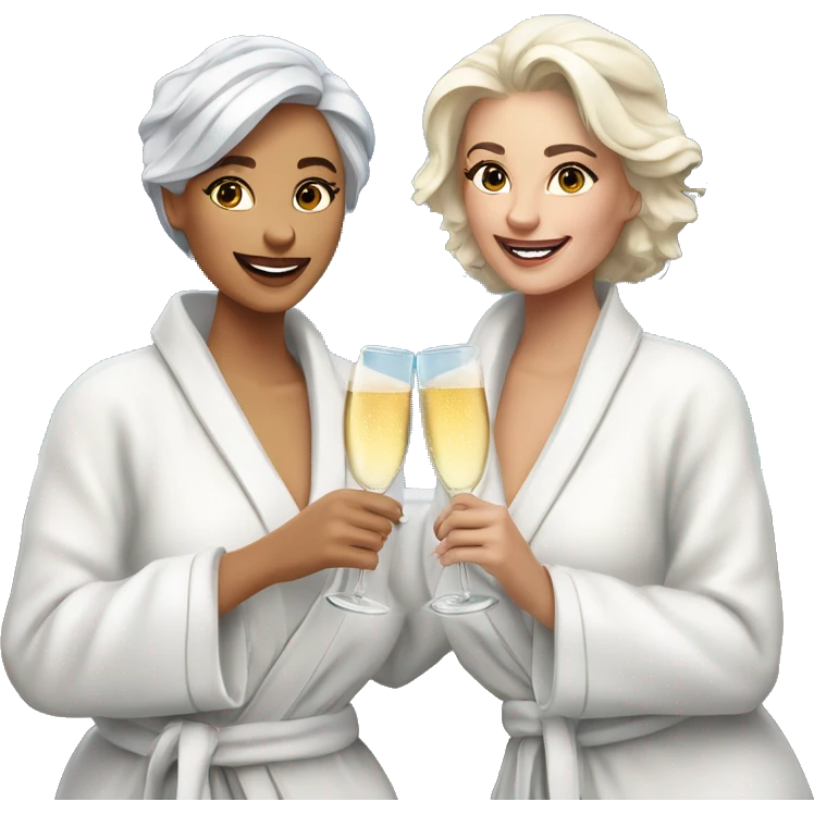 A young blonde woman and an older woman with silver hair are wearing luxurious white spa robes and having a glass of champagne with snow and mountains in the background emoji