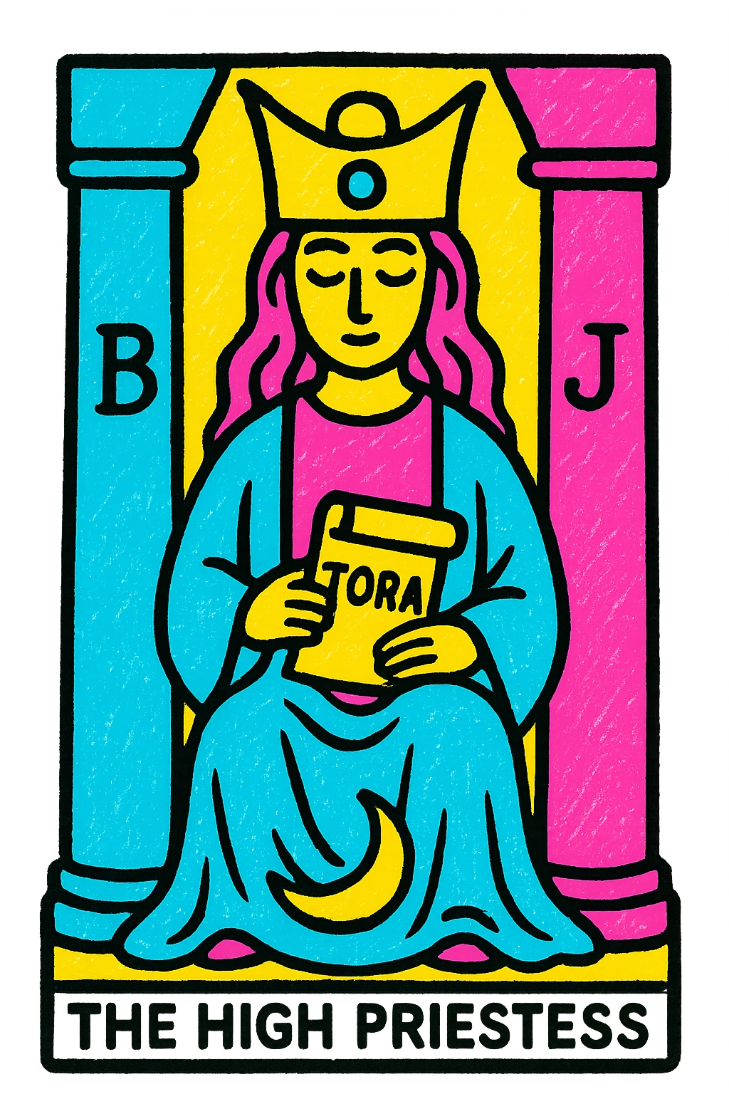 The High Priestess tarot card emoji, serene woman between two pillars, holding a scroll, crescent moon at her feet, vibrant detailed style emoji
