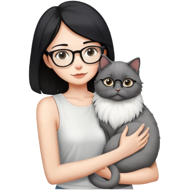 Skinny woman with oval glasses, shoulder length straight black hair, wearing white sleeveless top, hugging a grey Persian-Angora cat, plain background emoji