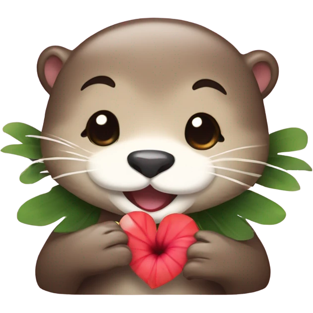 A happy and cute otter face with a Hawaiian flower tucked behind its ear, holding a heart. emoji